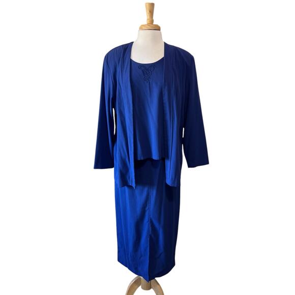 Leslie Belle 90s Vintage 3pc Set Cardigan Top Skirt Royal Blue Womens 12 - Picture 1 of 11